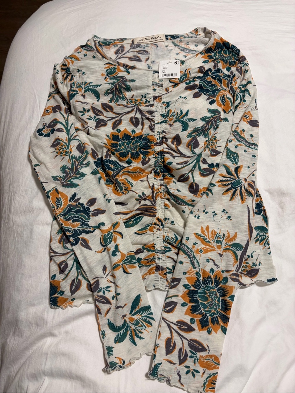 We The Free Floral Ruched Long Sleeve Top - Teal & Mustard